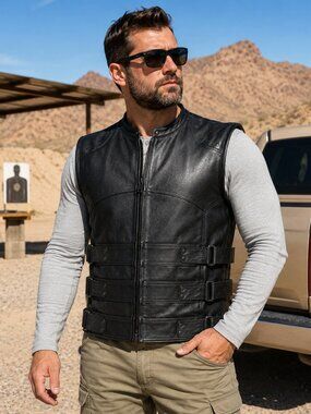 Men's Tactical Leather Concealed Carry Vest Hidden Gun Pockets Adjustable Fit
